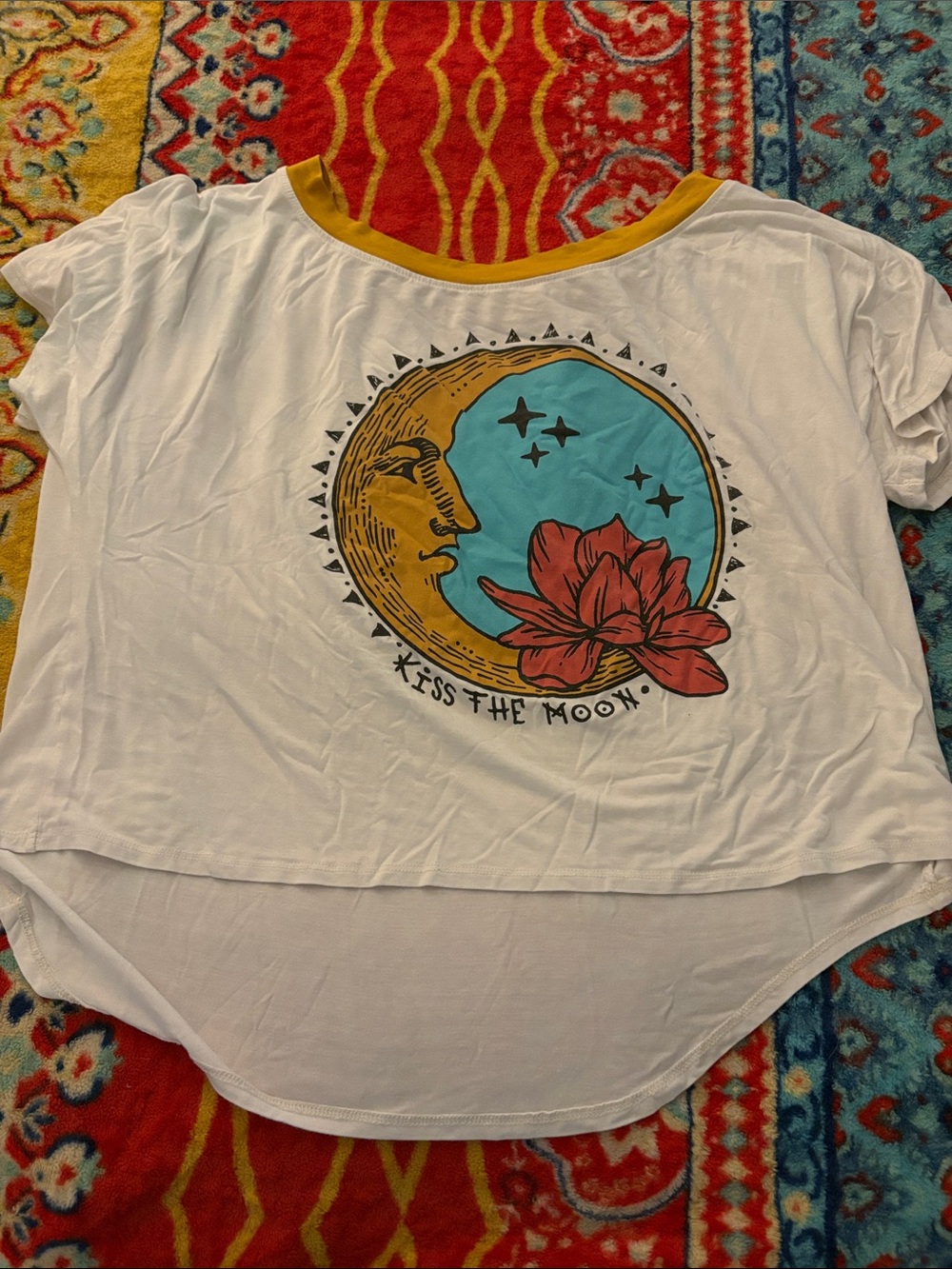Women’s White Graphic Tee with Mustard Trim - Kiss the Moon
